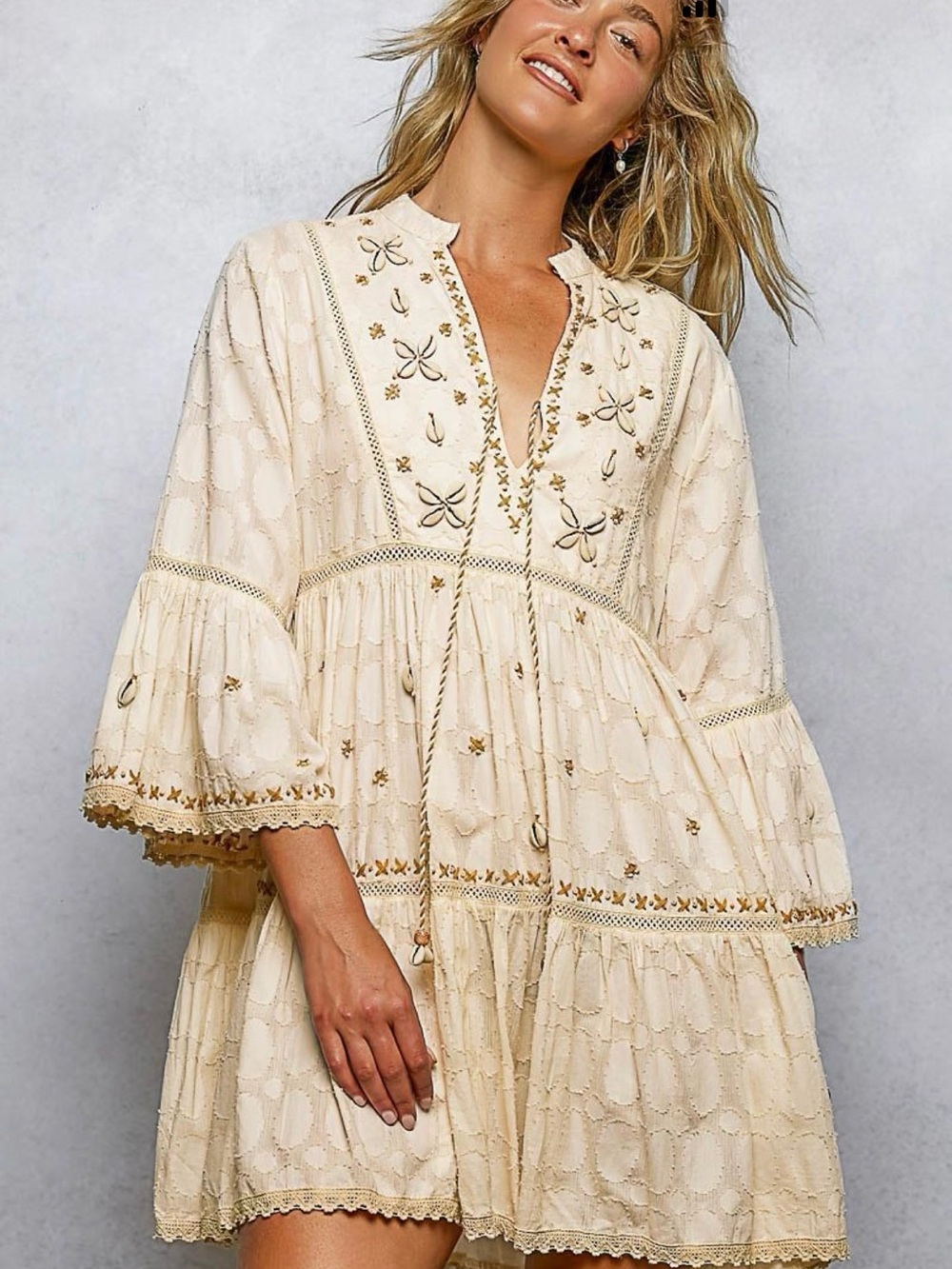 POL Cream Embroidered Mini Dress